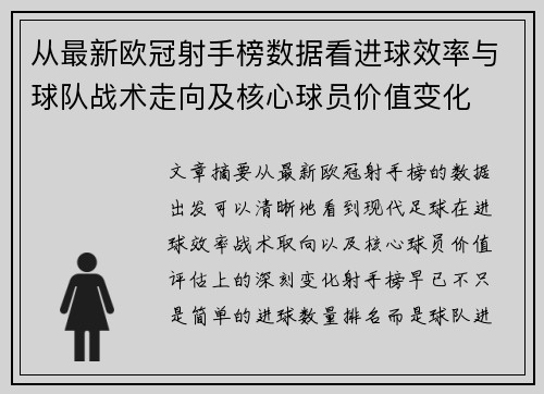 从最新欧冠射手榜数据看进球效率与球队战术走向及核心球员价值变化