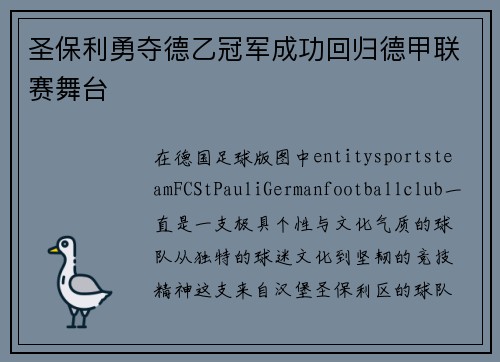 圣保利勇夺德乙冠军成功回归德甲联赛舞台