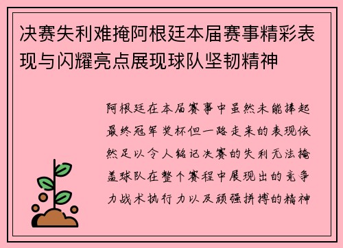 决赛失利难掩阿根廷本届赛事精彩表现与闪耀亮点展现球队坚韧精神